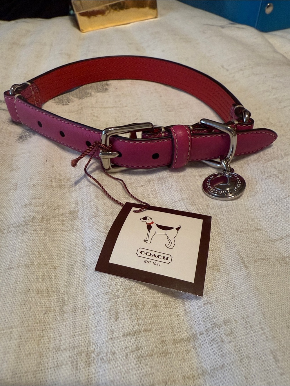 Coach Pink and Red Reversible Leather Dog Collar with Silver Charm